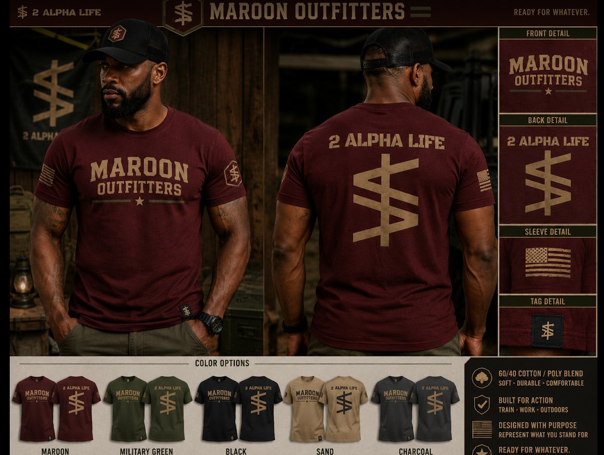T-shirt design concept board with the Maroon Outfitters wordmark