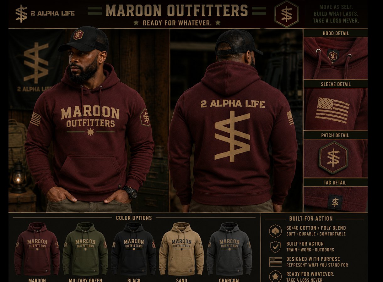 Second hoodie design concept board with the 2 Alpha Life mark