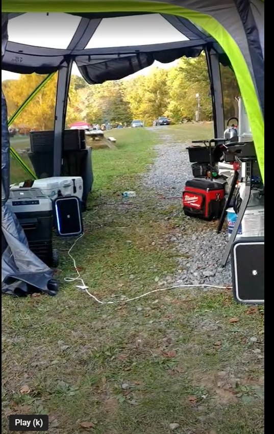 A camp shelter set up with supplies