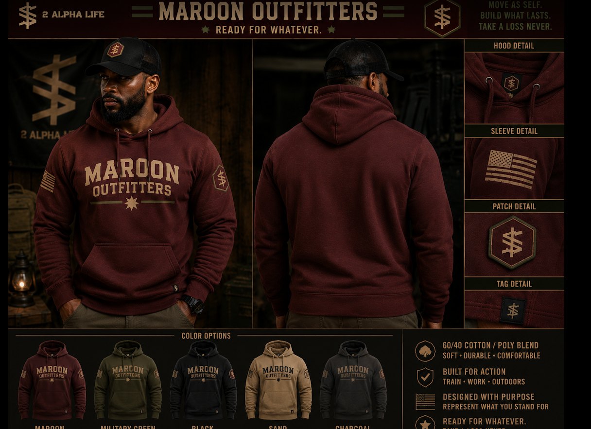 Maroon Outfitters hoodie design concept artwork with the 2 Alpha Life mark